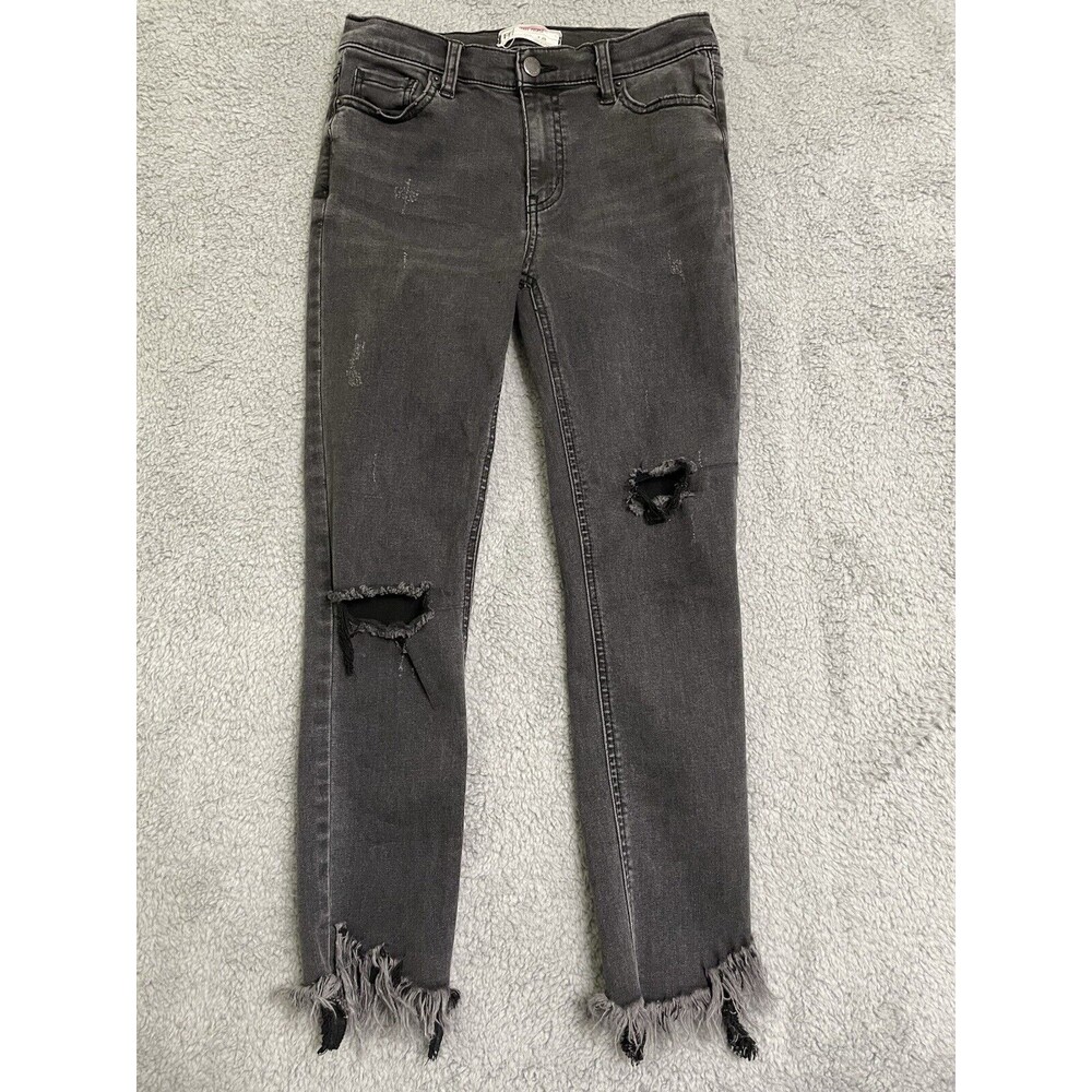 Free People Jeans Womens 26 Black Denim Stretch Straight Leg Slim Fit Raw Hem